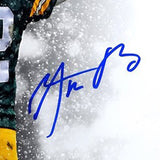 Aaron Rodgers<br>Green Bay Packers<br>Original signiertes Poster<br>„Snow Fall TD Celebration“<br>50 x 40 cm